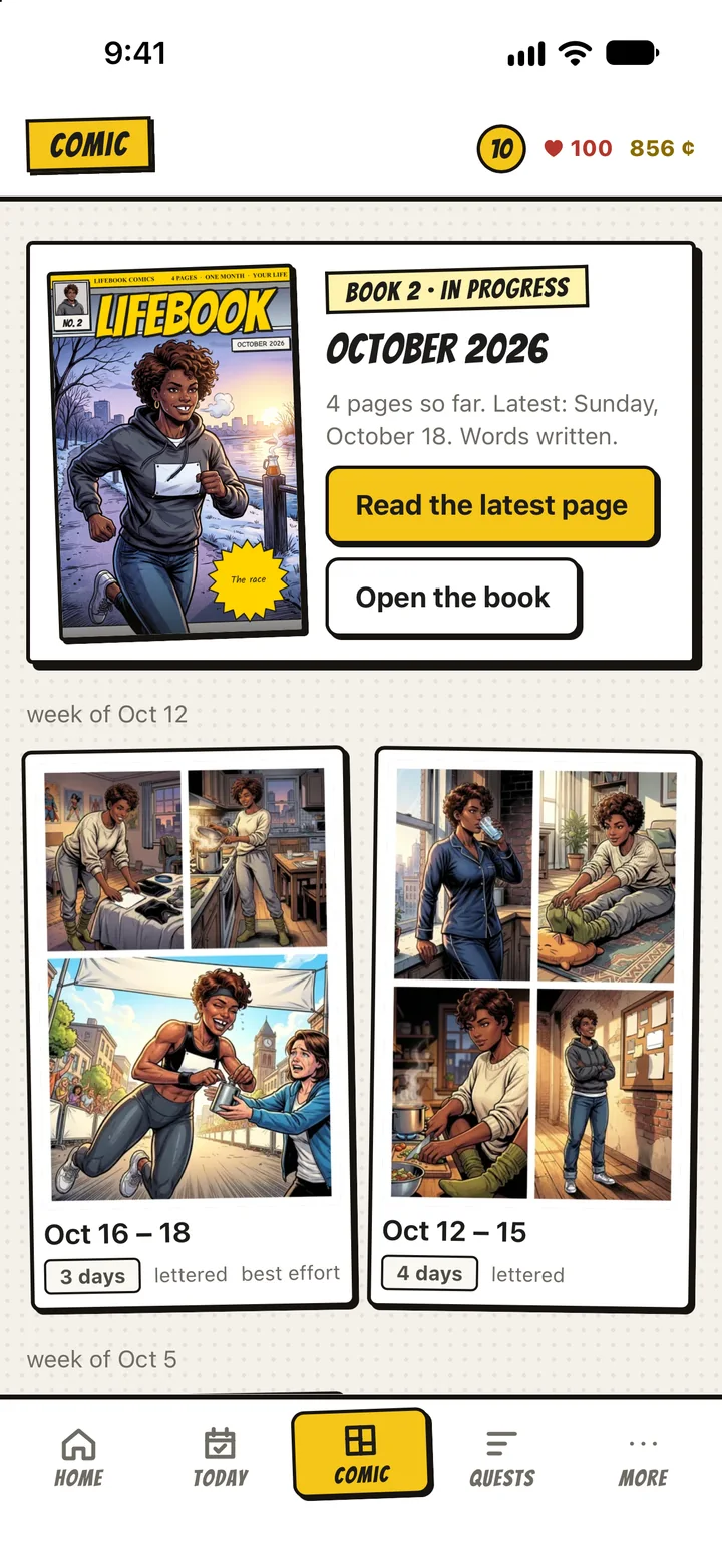 The comic shelf: Book 2 with its drawn cover, and the week's two pages side by side