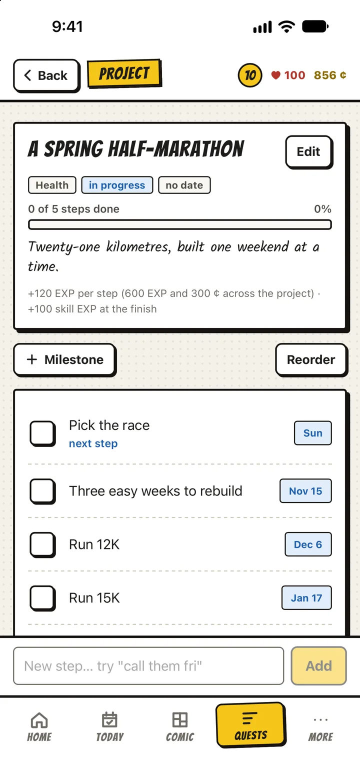 A project called A spring half-marathon with its steps: pick the race, three easy weeks, run 12K