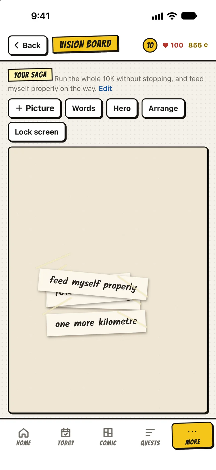 The vision board: torn paper words, feed myself properly and one more kilometre, on a cork background