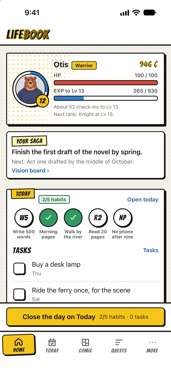 The home screen with Otis the bear as the hero at level 12