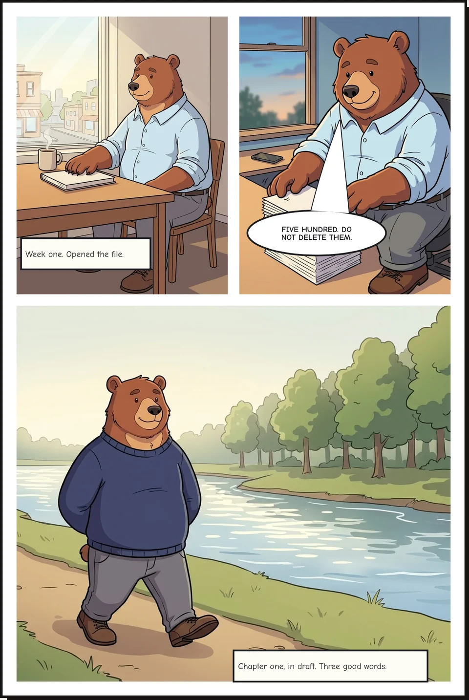 Otis the bear's first week: opening the file at a desk by the window, a walk by the river, chapter one in draft